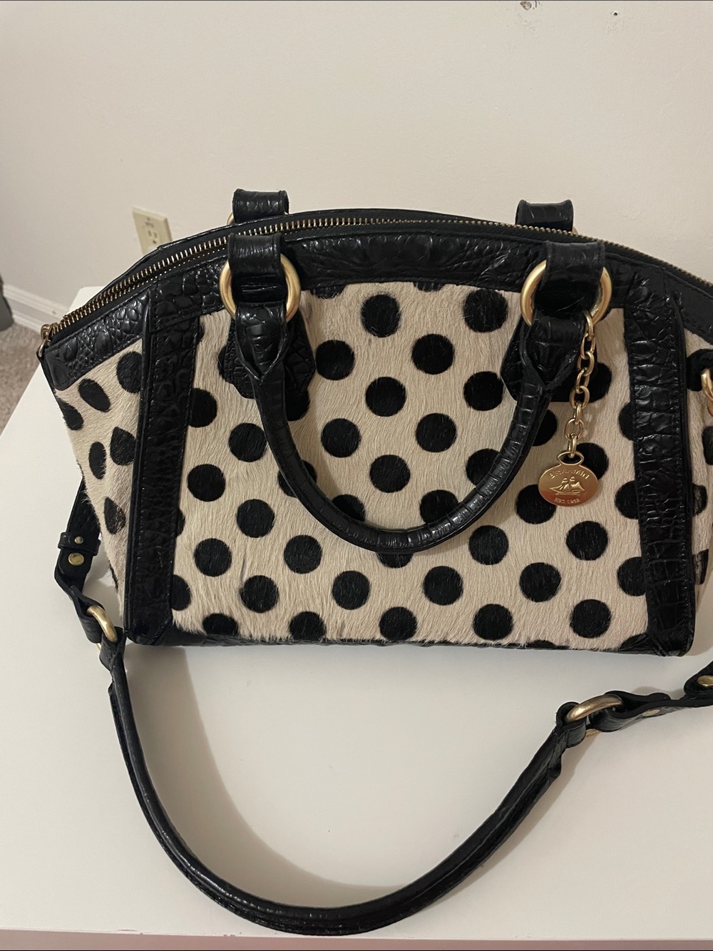 Brahmin Polka Dot Black & Cream Satchel Bag